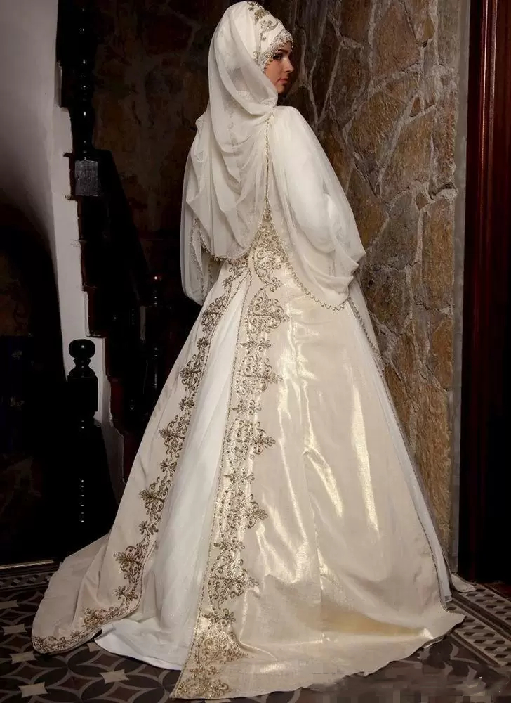Muslim Hijab Wedding Dresses Bride Gowns High Neck Long Sleeves Moroccan Kaftan Formal Dress A-Line Ivory Arabic Modest Vestido De Novia 2023