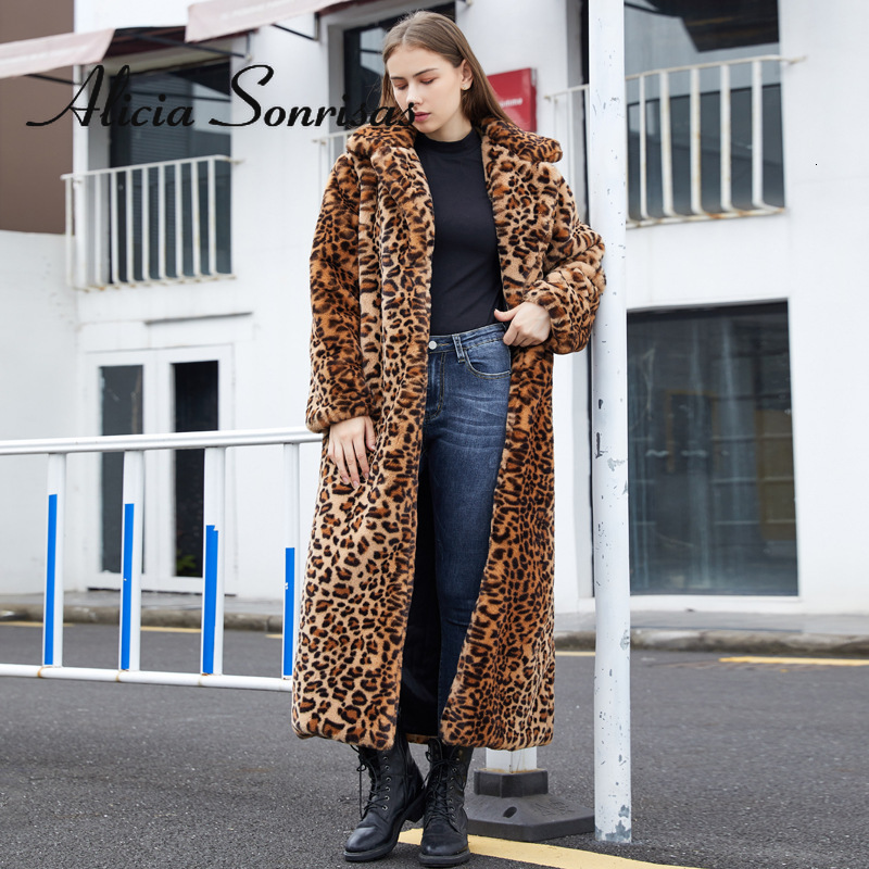Women's Fur Faux Winter Leopard Print Rabbit Tailored Collar Warm Thick X-Long Coat Long Sleeve Hipster Jacket Feminino 221116