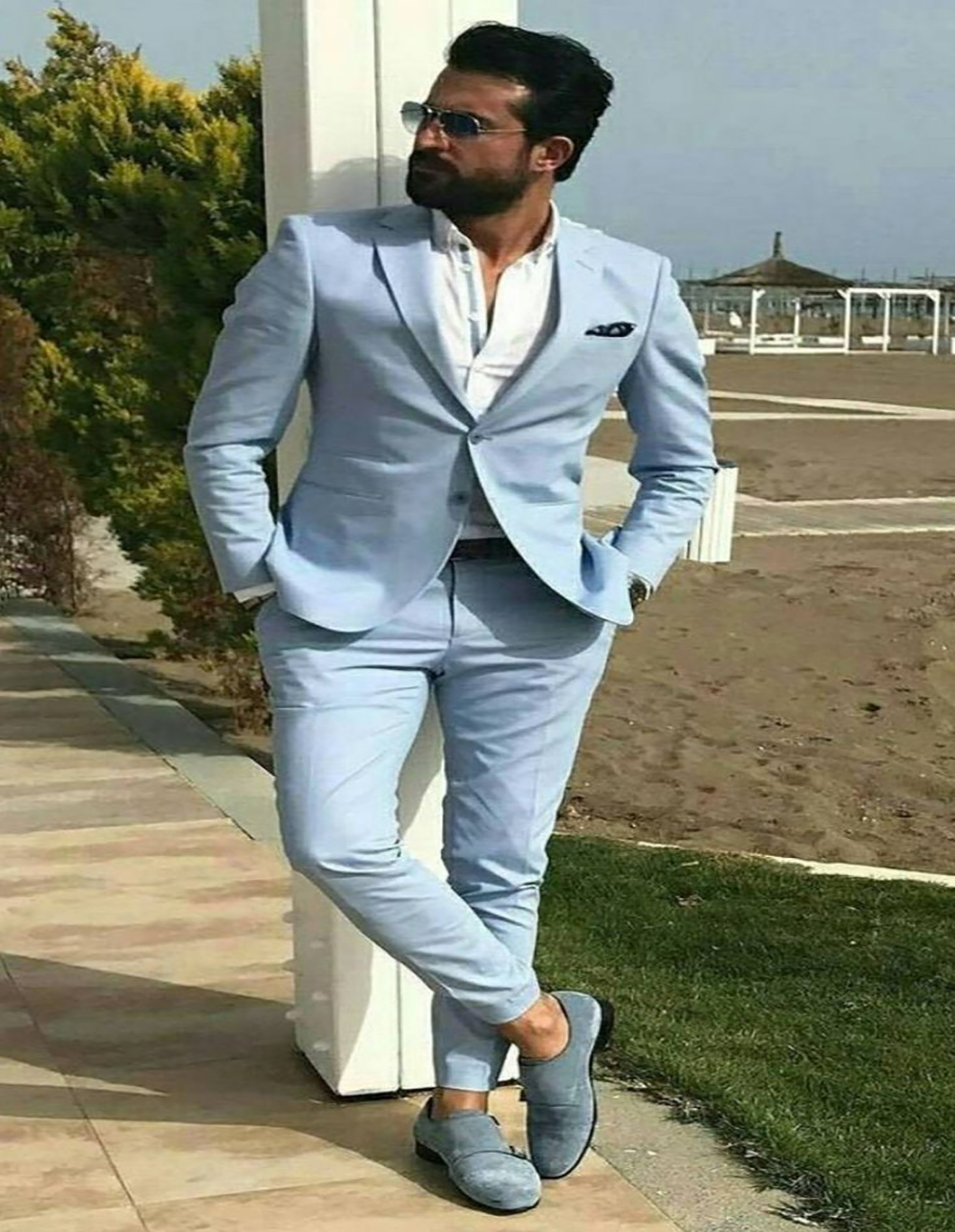 Handsome Light Blue Wedding Tuxedos For Suit 2024 Slim Two Pieces Satin Groom Evening Prom Wear Suits Shawl Lapel One Button groomsman Party Suits Wit