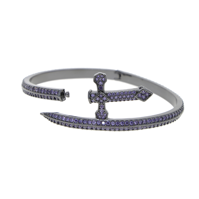 Men's Iced Out CZ Cross Bracelet: Black Zirconia Sword of Justice Bangle
