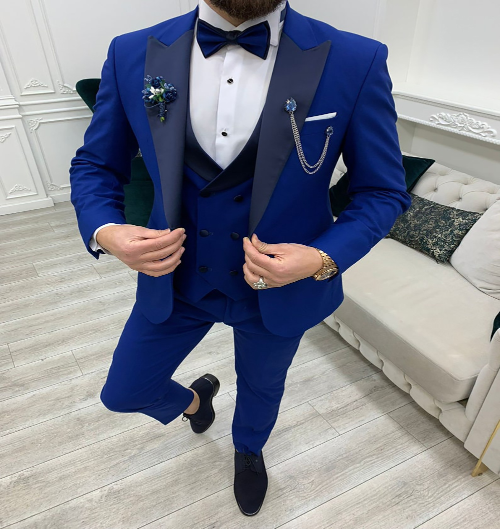 Three Pieces Royal Blue Man Wedding Tuxedos 2025 Black Shawl Lapel Waistcoat Satin Slim Men Formal Party Suits Handsome Elegant Groom Suits Coat Pant 