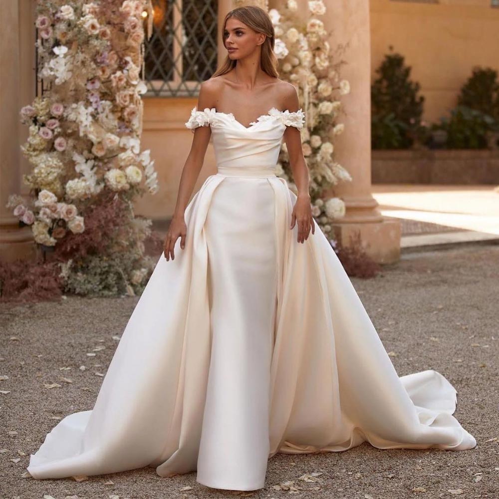Ivory Wedding Dresses Appliqued Bridal Gowns With Detachable Train Off The Shoulder Neckline Satin Pleated Vestido De Novia