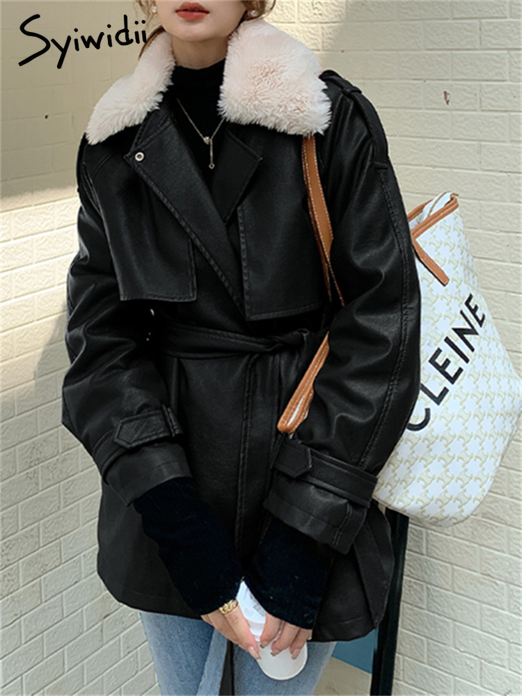 Women's Fur Faux Syiwidii Leather Coat Winter Jacket Women Fall Lamb Wool Warm Locomotive with Sashes Korean Fashion PU Outwear 221116