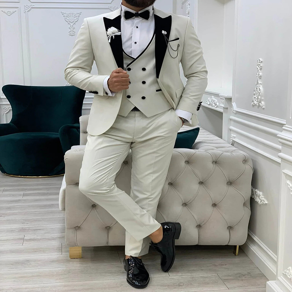 Three Pieces White Wedding Tuxedos 2022 Black Shawl Lapel Waistcoat Satin Slim Men Formal Party Suits Handsome Elegant Groom Suits Coat Pant Vest