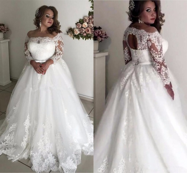 Plus Size Wedding Dresses Sheer Neck Long Sleeve Appliques Illusion Sash Hollow Back Garden Country Bridal Gowns robe de mariee