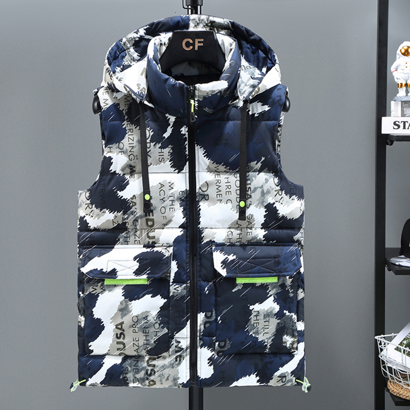 Men's Vests Winter Camouflage Thick Vest Men Hooded Hat Detachable Sleeveless Coat Waterproof Male Comfortable Waistcoat Plus Size 5XL 221116