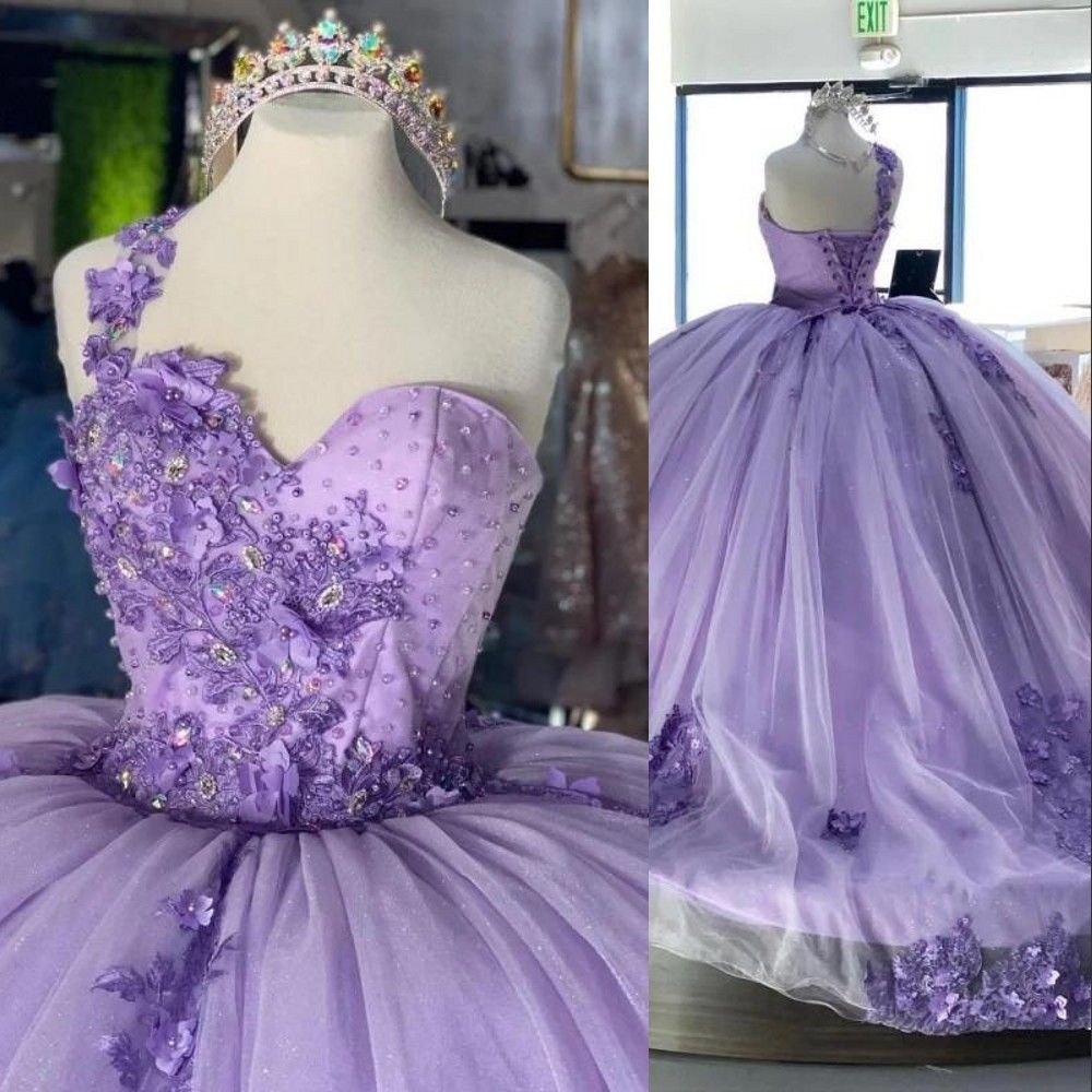 Lavender Quinceanera 2023 Dresses Lace Applique Beaded Corset Back One Shoulder Strap Handmade Flowers Custom Made Sweet 16 Princess Party Ball Gown V