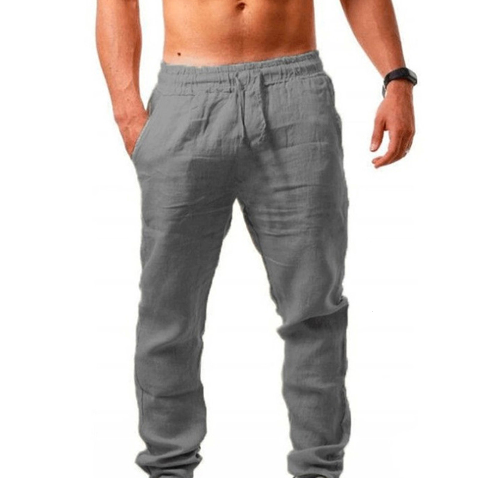 Men's Pants Top Quality Summer Casual Natural Cotton Linen Trousers White Elastic Waist Straight Pant 221116