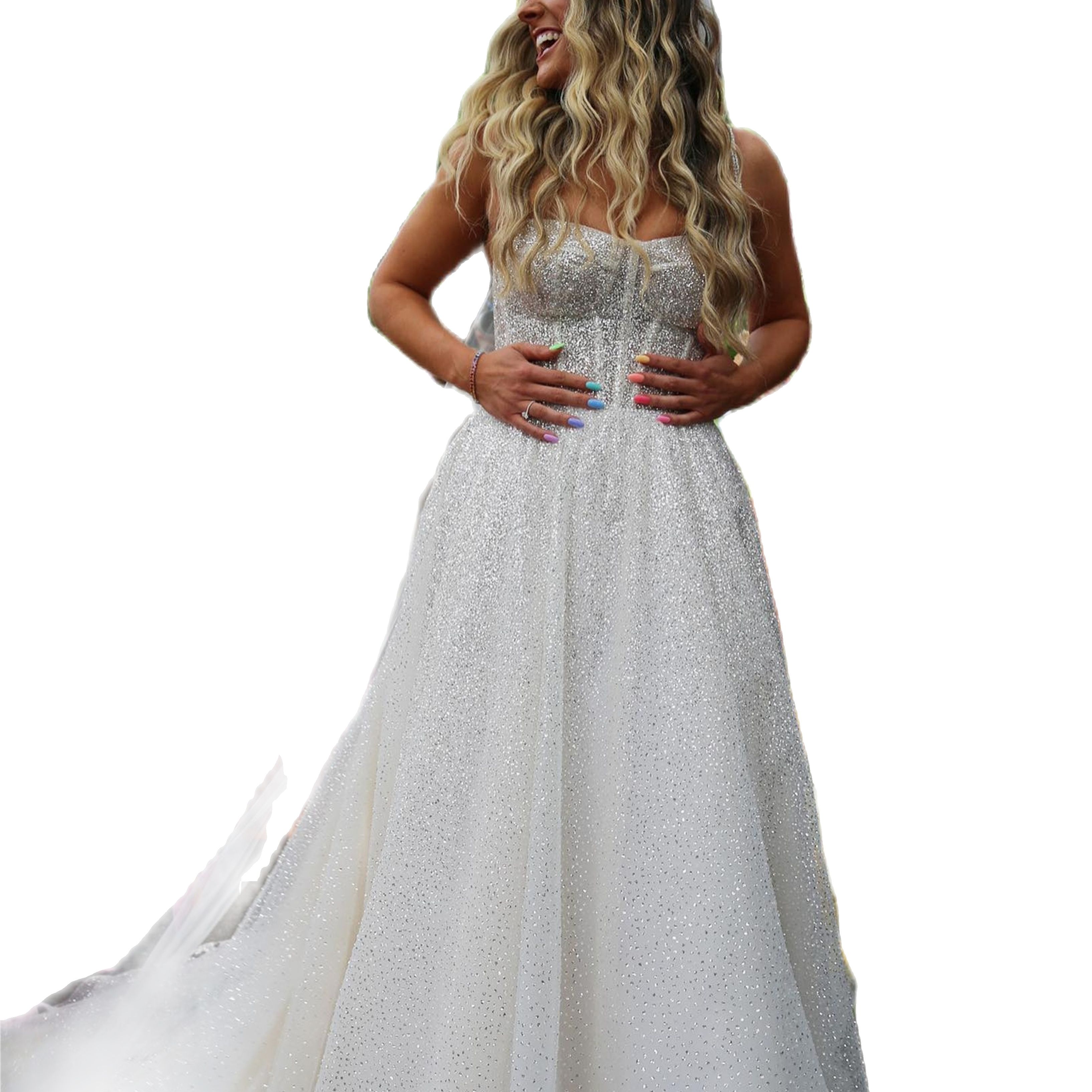 Plus Size A Line Wedding Dresses Sparkly Sequined Sexy Spaghetti Bridal Gowns Sweep Train Romantic Dress Robe De Mariee