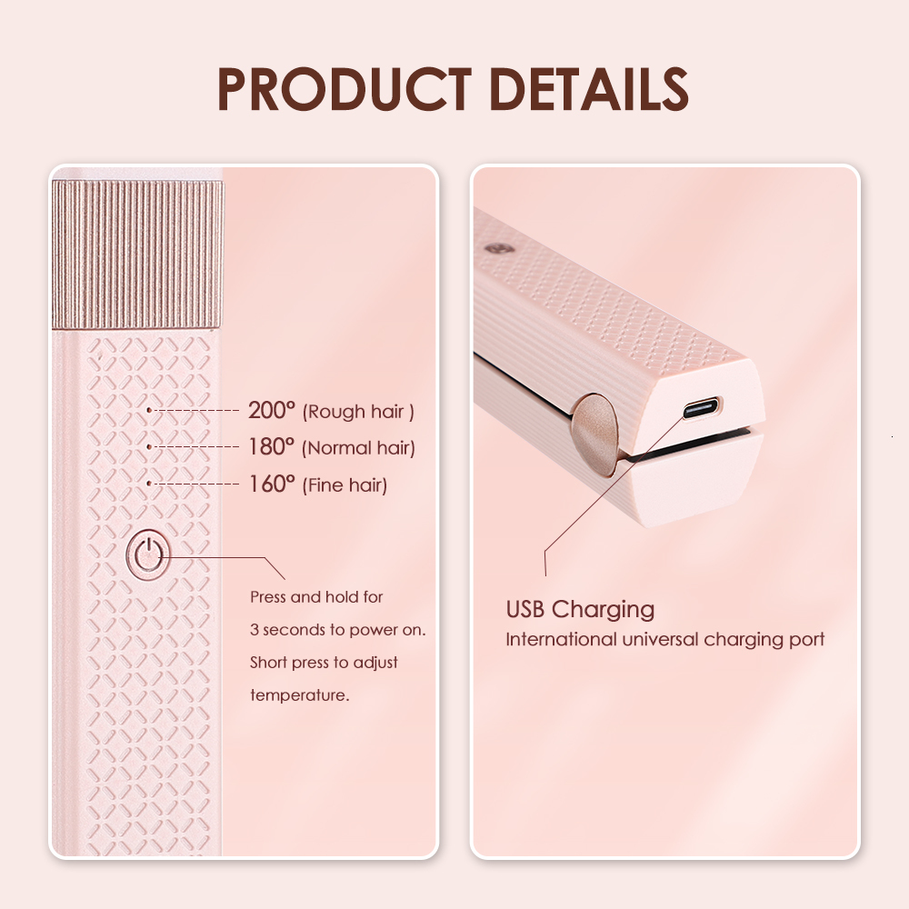 Curling Irons 2 in 1 USB Cordless Hair Straightener Splint Styling Curler Pink Portable Travel Dorm for Student Unique Gift 221116
