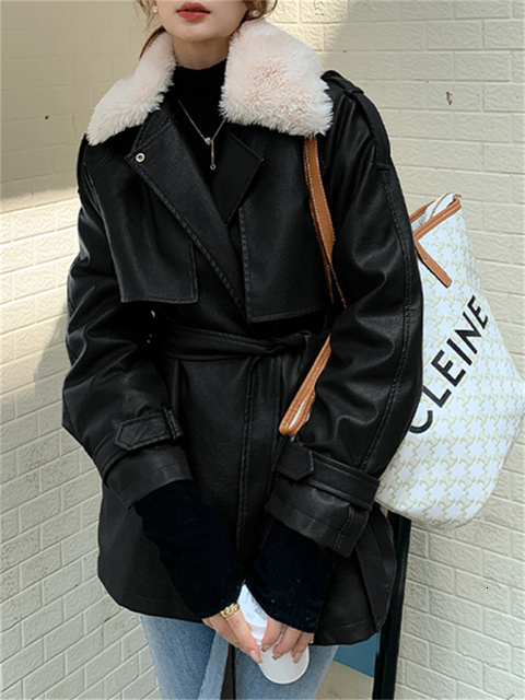 Women's Fur Faux Syiwidii Leather Coat Winter Jacket Women Fall Lamb Wool Warm Locomotive with Sashes Korean Fashion PU Outwear 221116