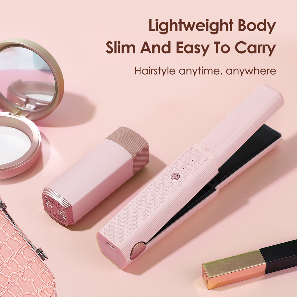 Curling Irons 2 in 1 USB Cordless Hair Straightener Splint Styling Curler Pink Portable Travel Dorm for Student Unique Gift 221116