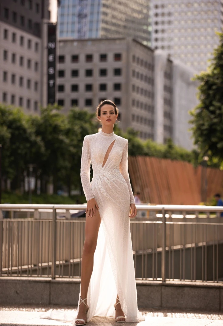 Elegant Mermaid Wedding Dresses High Collar Long Sleeves Transparent Lace Back Zipper Split Side Applicant Court Gown Custom Made Plus Size Vestidos D