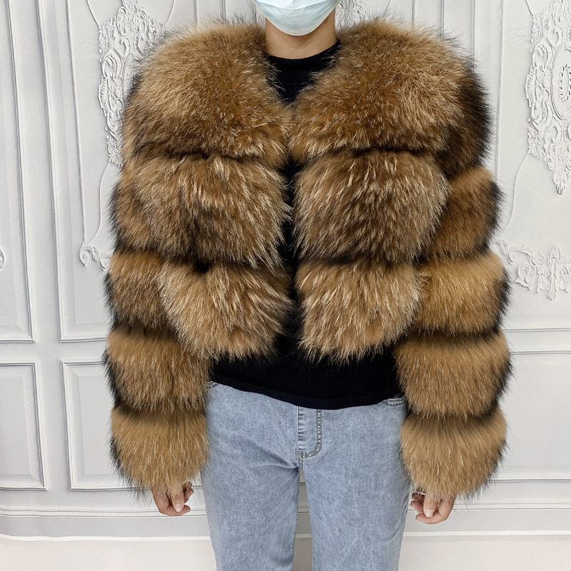 Women's Fur Faux Real Natural Raccoon Jacket Fashion Coats Coat Round Neck Warm Thick Hoodie Detachable Style 221116