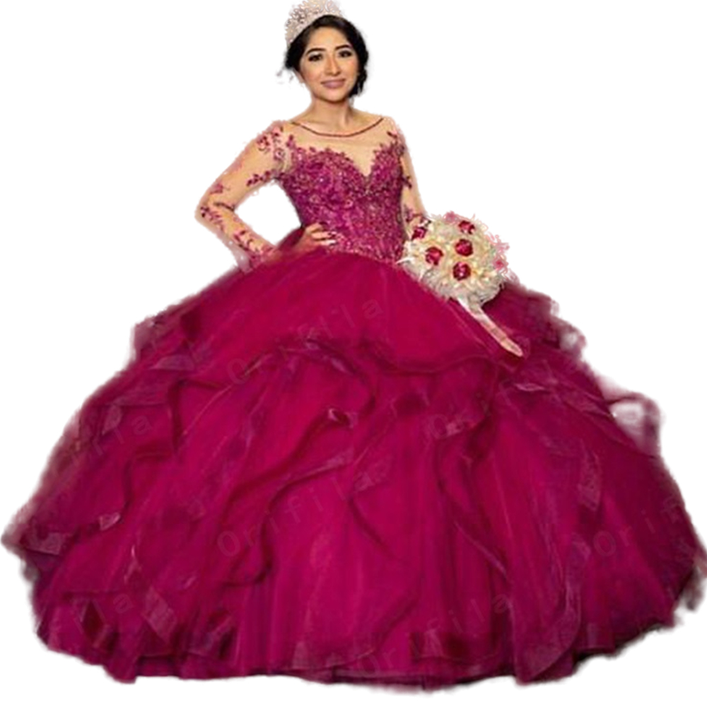 Princess Quinceanera Dresses Fuchsia Organza Ruffles Tiers Skirt Long Sleeves Scoop Neck Beading Lace Appliques Floor Length Sweet 16 Girls Banquet Pa