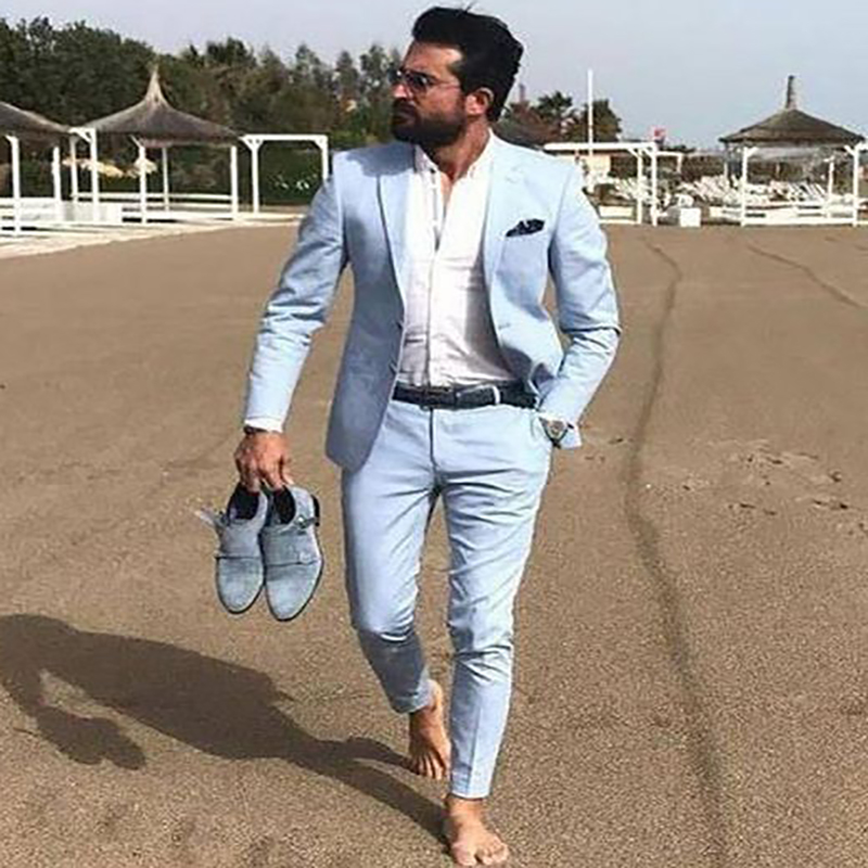 Handsome Light Blue Wedding Tuxedos For Suit 2024 Slim Two Pieces Satin Groom Evening Prom Wear Suits Shawl Lapel One Button groomsman Party Suits Wit