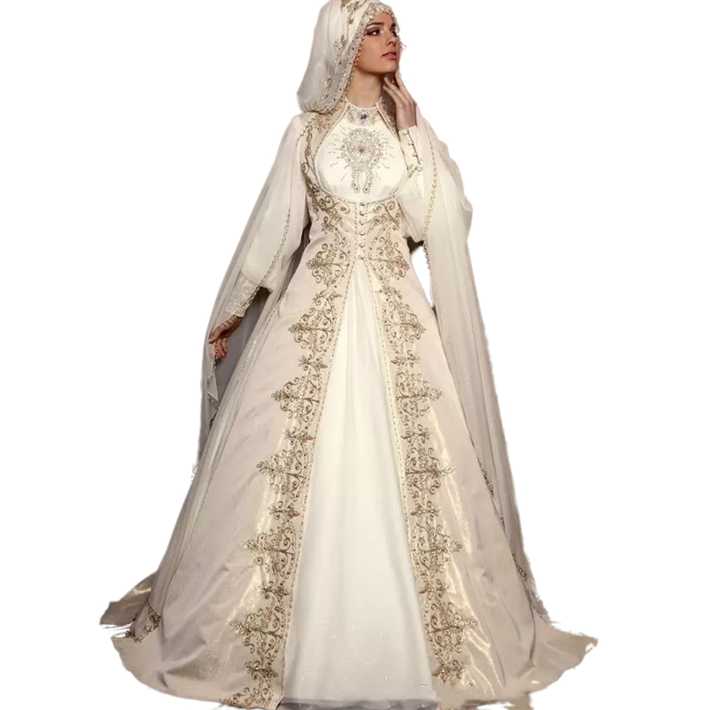 Muslim Hijab Wedding Dresses Bride Gowns High Neck Long Sleeves Moroccan Kaftan Formal Dress A-Line Ivory Arabic Modest Vestido De Novia 2023