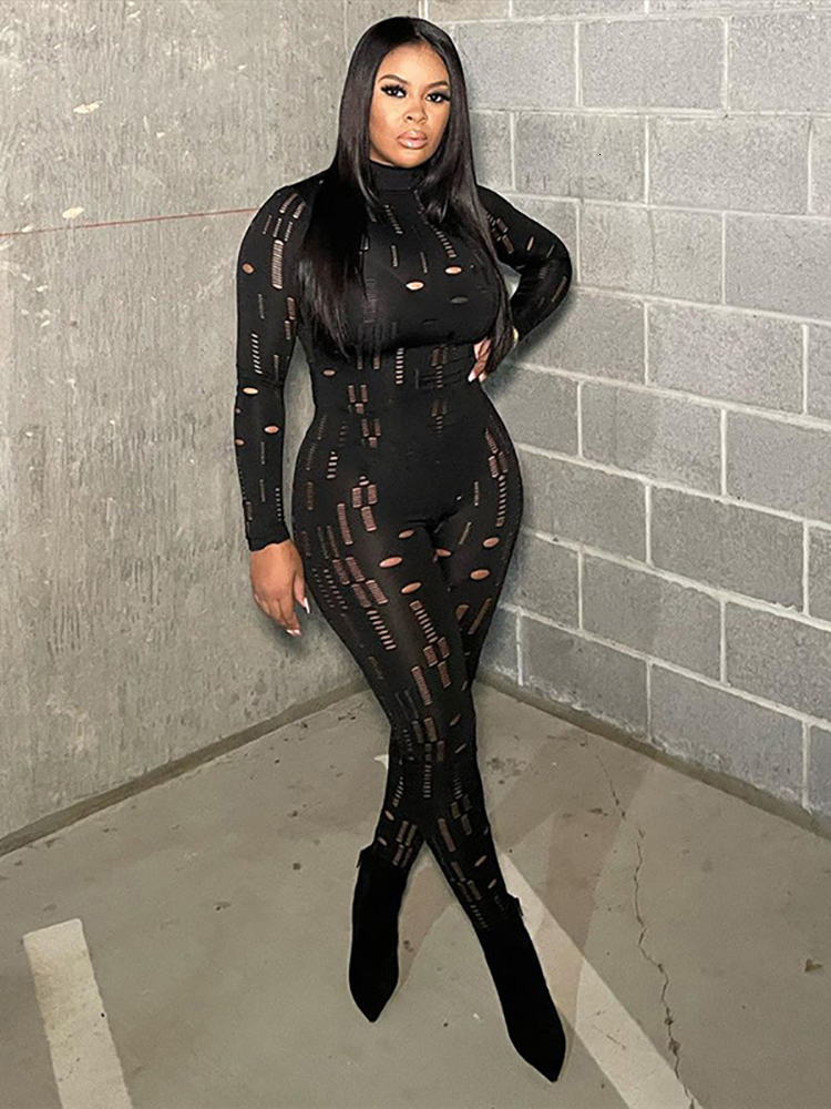 Womens Jumpsuits Rompers Simenual Hollow Out Ripped Bodycon Jumpsuit Long Sleeve Mock Neck Sporty Workout Sexy Spring 221115