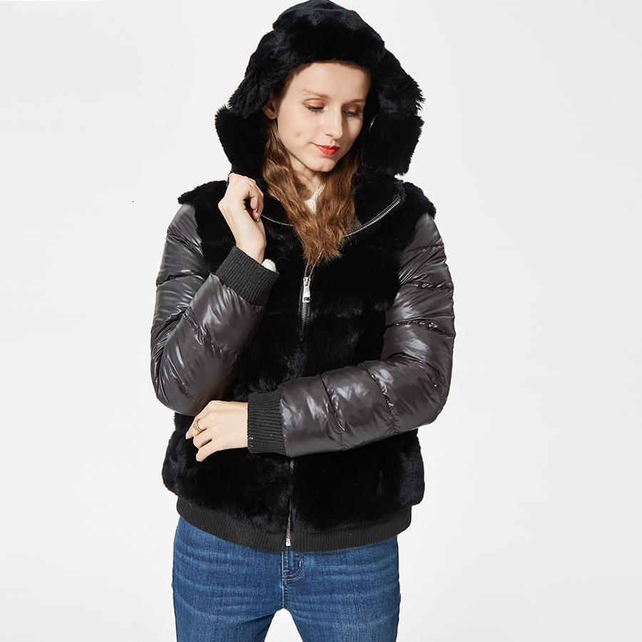 Women's Fur Faux Real Rex Rabbit Coat With Hood Down Jacket Sleeves Bomber Hooded Women 221116