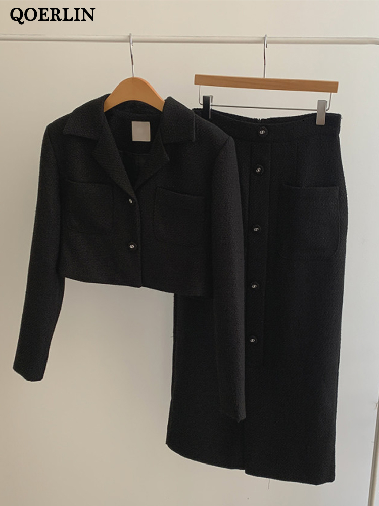 Two Piece Dress QOERLIN Elegant Tweed TwoPiece Skirts and Blazer Suits Stylilsh Long Sleeve Short Jacket Coat High Waist Back Zipper Midi Skirt 221115