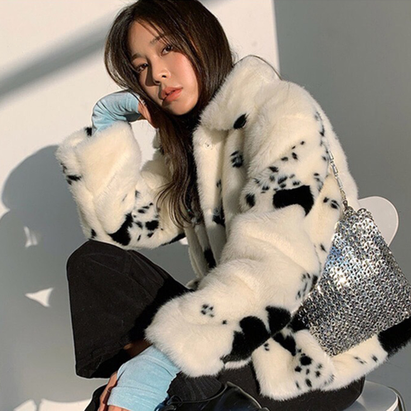 Women's Fur Faux Lucyever Black White Cow Pattern Mink Coat Womens Elegant Winter Short Turn-down Collar Coats Korean Soft Tops Woman 221116