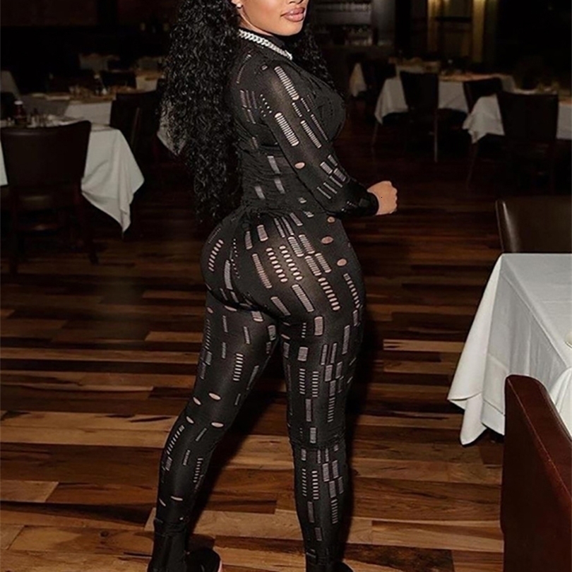 Womens Jumpsuits Rompers Simenual Hollow Out Ripped Bodycon Jumpsuit Long Sleeve Mock Neck Sporty Workout Sexy Spring 221115
