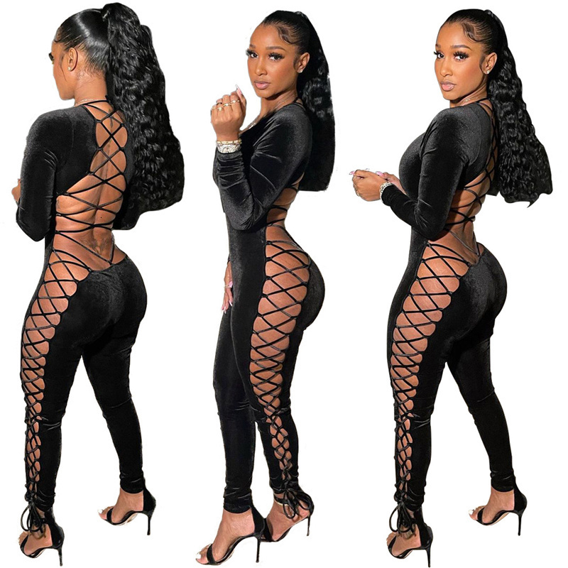 Womens Jumpsuits Rompers Sexy Laceup Hollow Out Bandage Jumpsuit Long Sleeve Velvet Backless Club Outfits Bodycon 221115