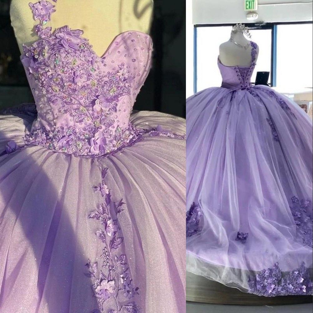 Lavender Quinceanera 2023 Dresses Lace Applique Beaded Corset Back One Shoulder Strap Handmade Flowers Custom Made Sweet 16 Princess Party Ball Gown V