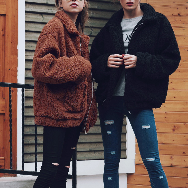 Women's Fur Faux Autumn Winter Coat Women Khaki Casual Warm Soft Zipper Jacket Plush Overcoat Pocket Teddy Female 221116