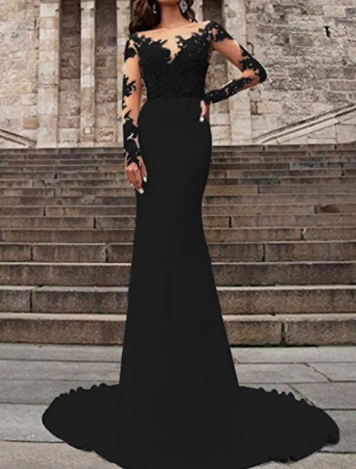 Mermaid Women Wedding Dress Jewel Neck Illusion Sleeves Lace Tulle Bridal Party Gowns Custom Made Black Vestidos de Novia 2023