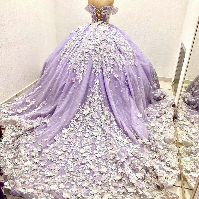 Lavender princess Quinceanera Dresses 3D Flowers Appliques Lace-up corset prom Sweet 16 Princess Dresse vestidos de 15 anos