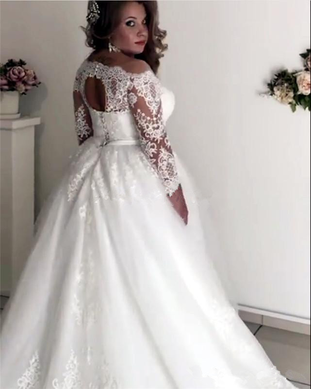 Plus Size Wedding Dresses Sheer Neck Long Sleeve Appliques Illusion Sash Hollow Back Garden Country Bridal Gowns robe de mariee