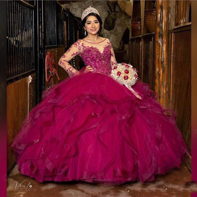 Princess Quinceanera Dresses Fuchsia Organza Ruffles Tiers Skirt Long Sleeves Scoop Neck Beading Lace Appliques Floor Length Sweet 16 Girls Banquet Pa