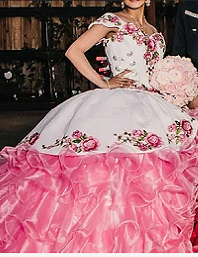 Mexico Pink Quinceanera Dresses Tiers Long Train Floral Embroidery Luxury Prom Party Gowns Off The Shoulder Corset Sweet 15 Girls Banquet Dress Back L