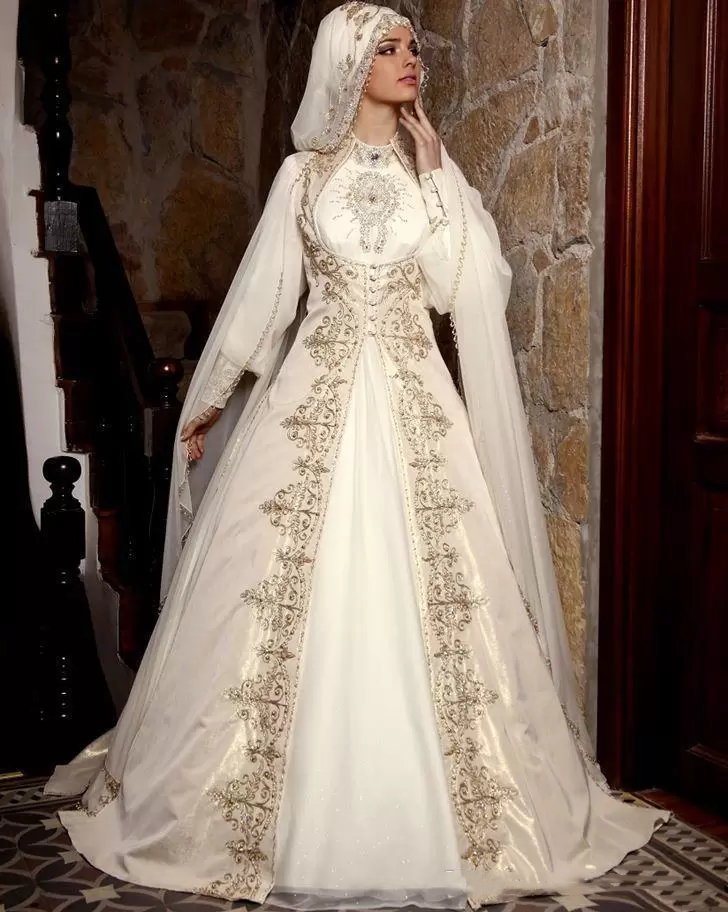 Muslim Hijab Wedding Dresses Bride Gowns High Neck Long Sleeves Moroccan Kaftan Formal Dress A-Line Ivory Arabic Modest Vestido De Novia 2023