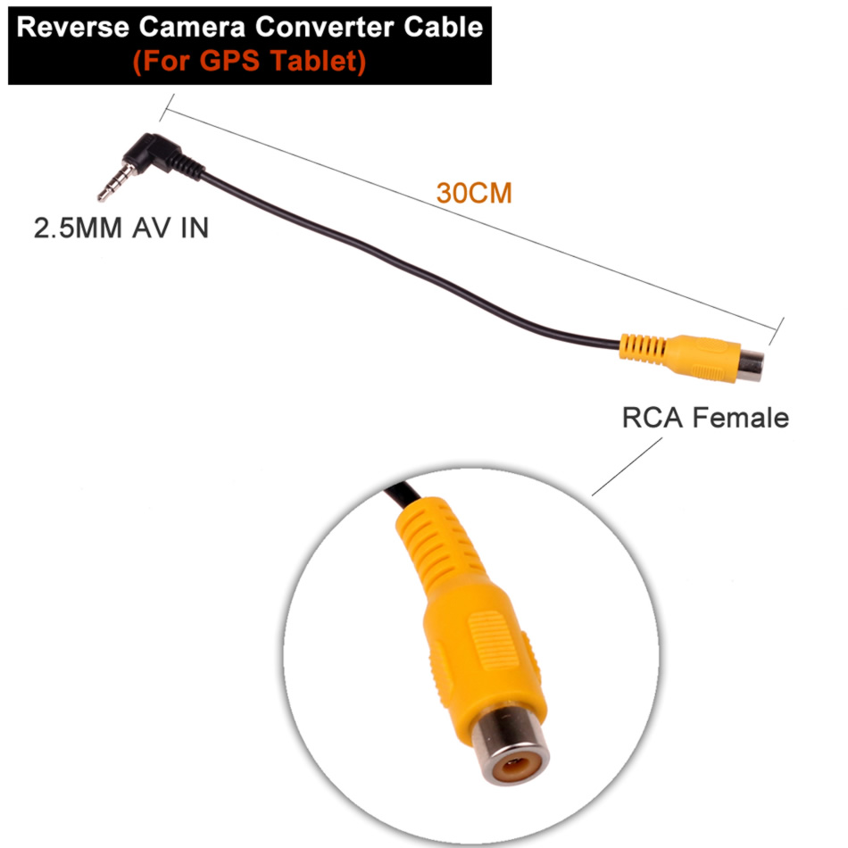 RCA to 2.5mm AV IN Converter Cable for Car Rear View Reverse Parking Camera to Car DVR Camcoder GPS Tablet