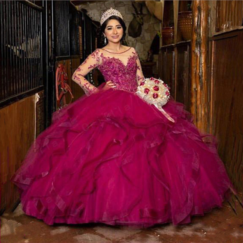 Princess Quinceanera Dresses Fuchsia Organza Ruffles Tiers Skirt Long Sleeves Scoop Neck Beading Lace Appliques Floor Length Sweet 16 Girls Banquet Pa