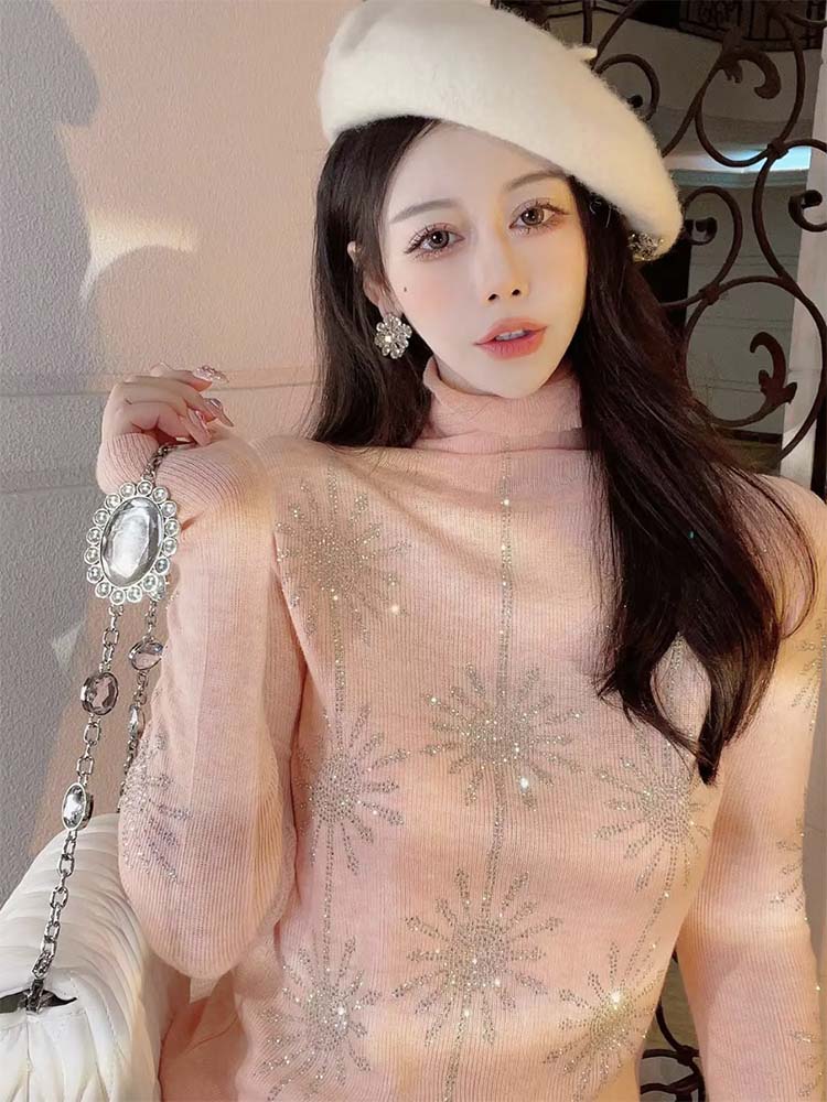 Womens turtleneck rhinestone shinny bling knitted sweater top jumpers