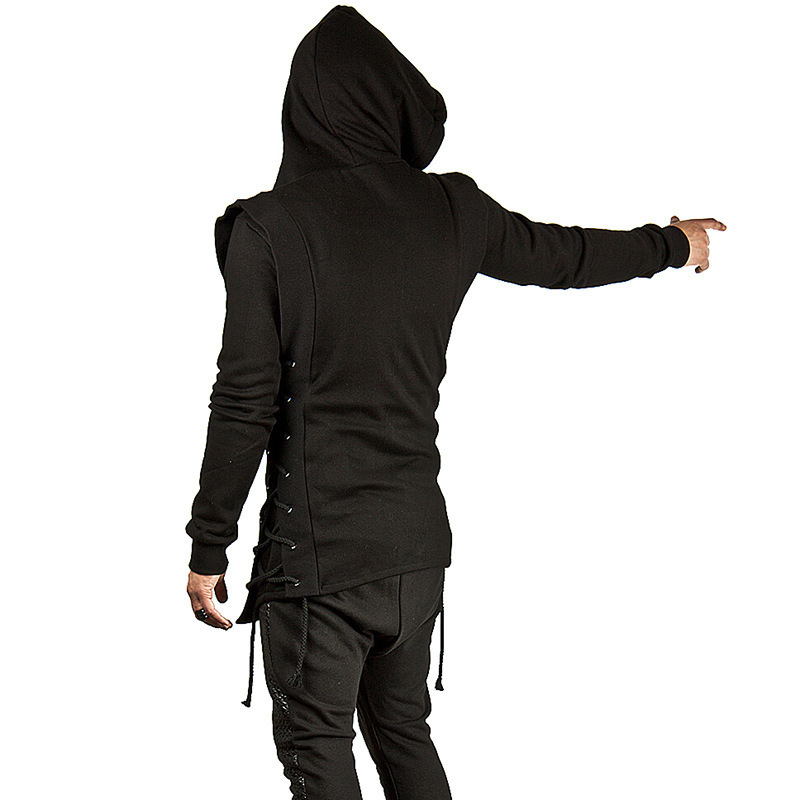 Mens Hoodies Sweatshirts Streetwear Fashion Hooded Loose Coat Zipper with Side Lashing Crossed Plus Size Sweatshirt 221117