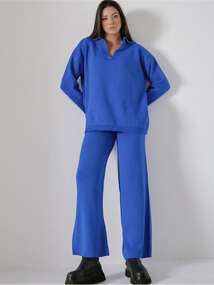 Womens Two Piece Pants Knitted Trousers Suit Winter Loose Solid Polo Neck Set Casual Long Sleeve KnitwearWide Leg Outfits 221117