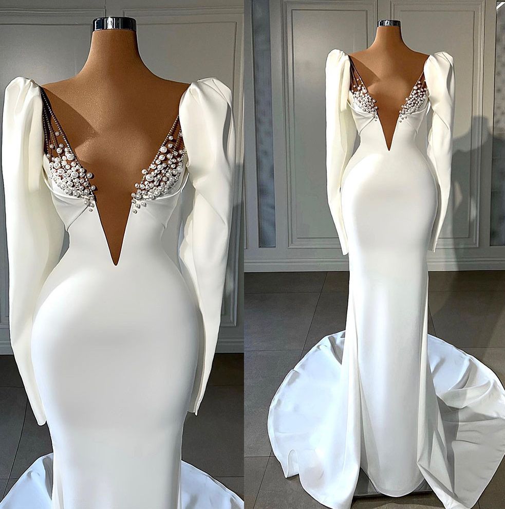 Glamorous White Pearls Prom Dresses V Neck Mermaid Party Dresses llusion Floor Length Sheer Custom Made Evening Dress