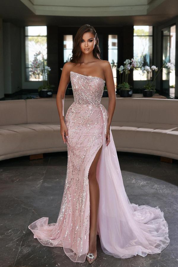 Stylish Pink Stunning High Split Evening Dresses Arabic Dubai Sexy Backless Strapless Long Sequined Beads Vestidos Formal Ocn Prom Party Gowns Bc14719