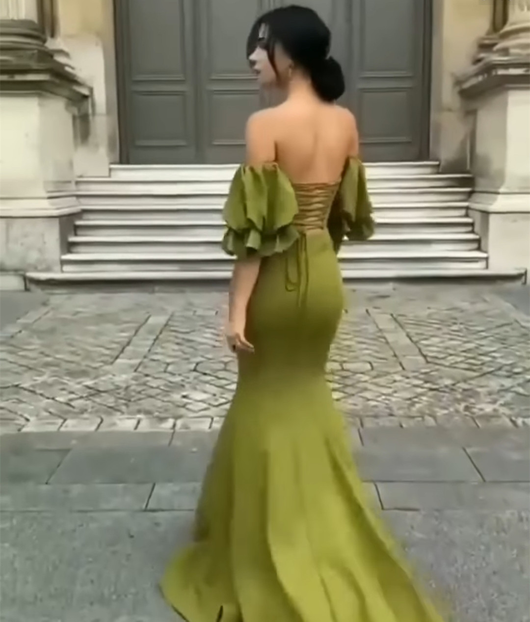 Olive GreenSimple Satin Mermaid Prom Dresses Open Back Lace-up Off Shoulder Ruffles Short Sleeve Evening Gowns Special Occasion Dress For Women Girls 