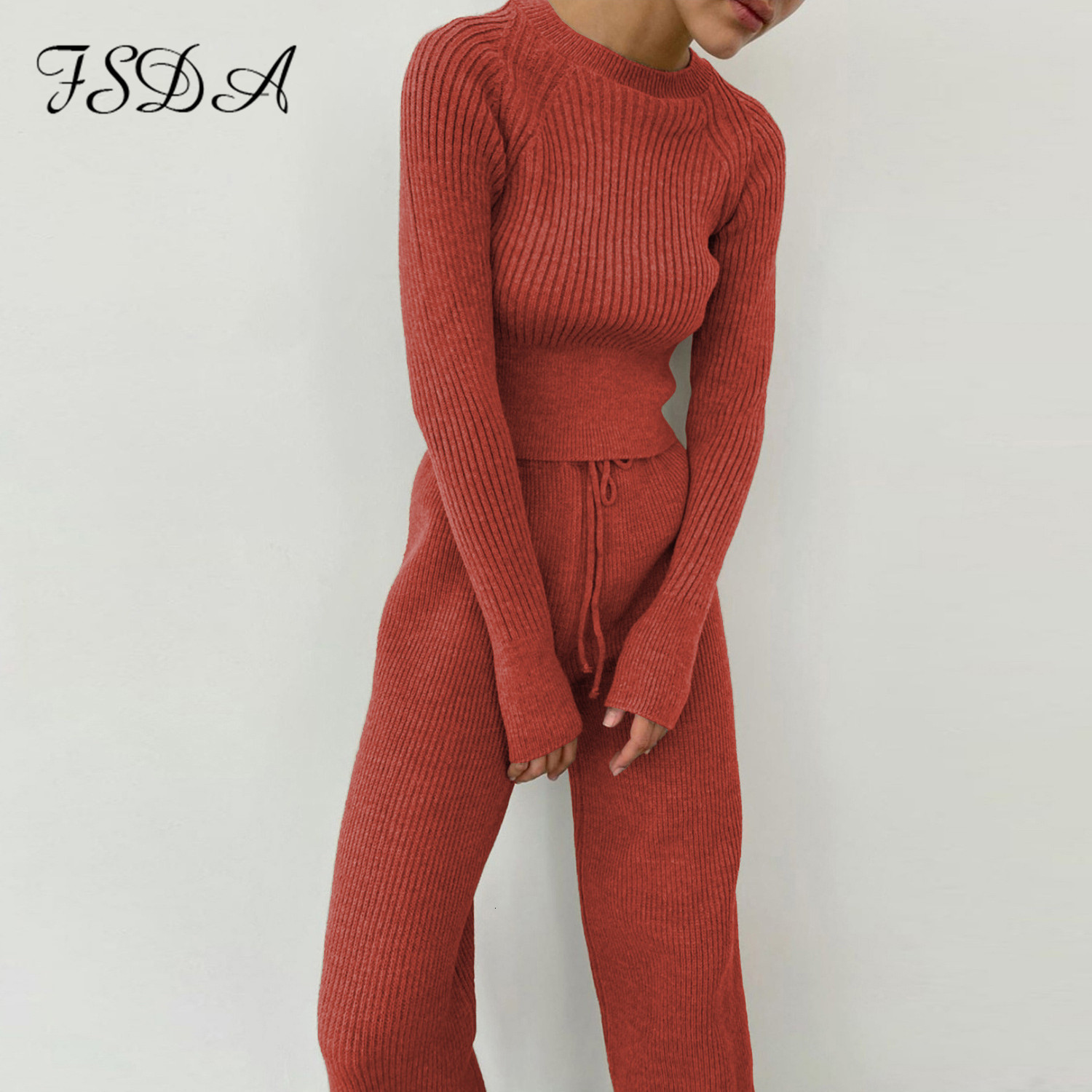 Womens Two Piece Pants FSDA Women Set Sweater Top Long Sleeve And Biker Autumn Winter White Casual Warm Outfits Knitted 221117