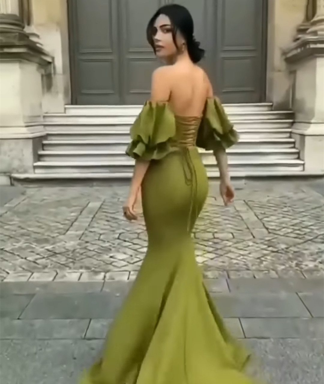 Olive GreenSimple Satin Mermaid Prom Dresses Open Back Lace-up Off Shoulder Ruffles Short Sleeve Evening Gowns Special Occasion Dress For Women Girls 