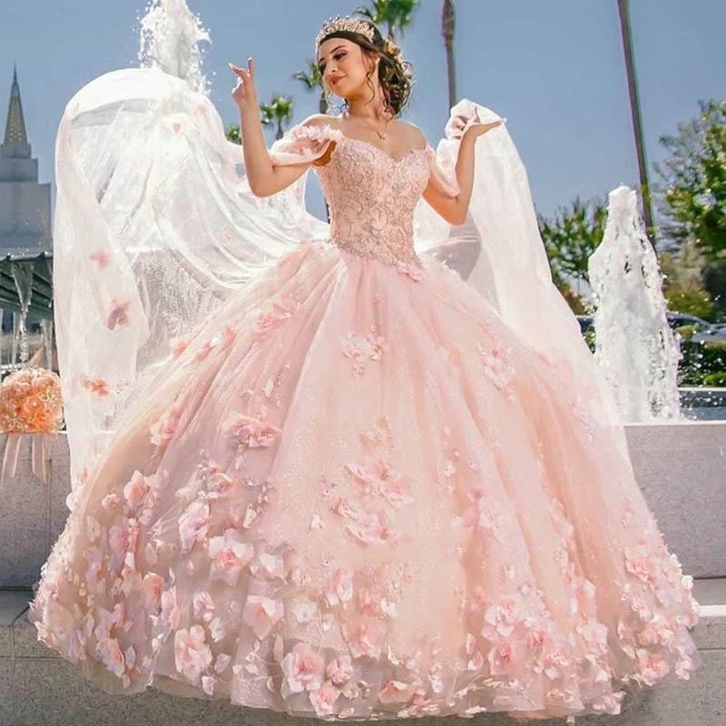 2023 Sexy Quinceanera Ball Gown Dree Bluh Pink Lace Applique 3D Floral Flower Crytal Bead With Cape Off Shoulder Sweep Train Plu Size Prom Evening