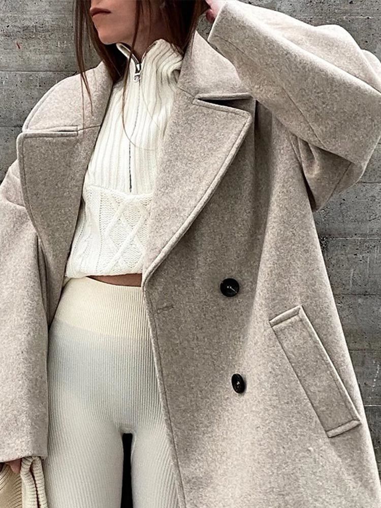 Women's Wool Blends Women Double Breasted Coat Lapel Collar Long Sleeves Solid Winte Fashion Warm Loose En Overcoat 221117