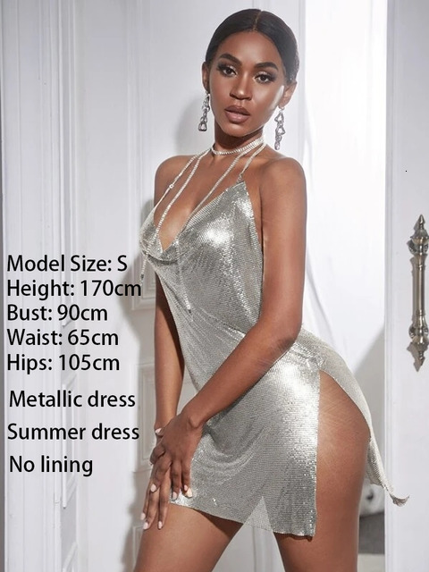 Casual Dresses SRUBY Sexy Metallic Backless Metal Party Summer Women Night club Mini dress Glitter Sequin ladies Christmas 221117