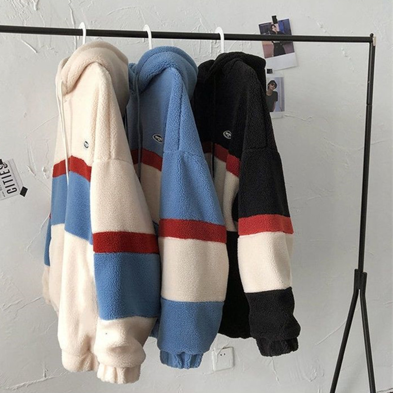 Mens Hoodies: Fleece Patchwork Stripe Hooded Coats For Men