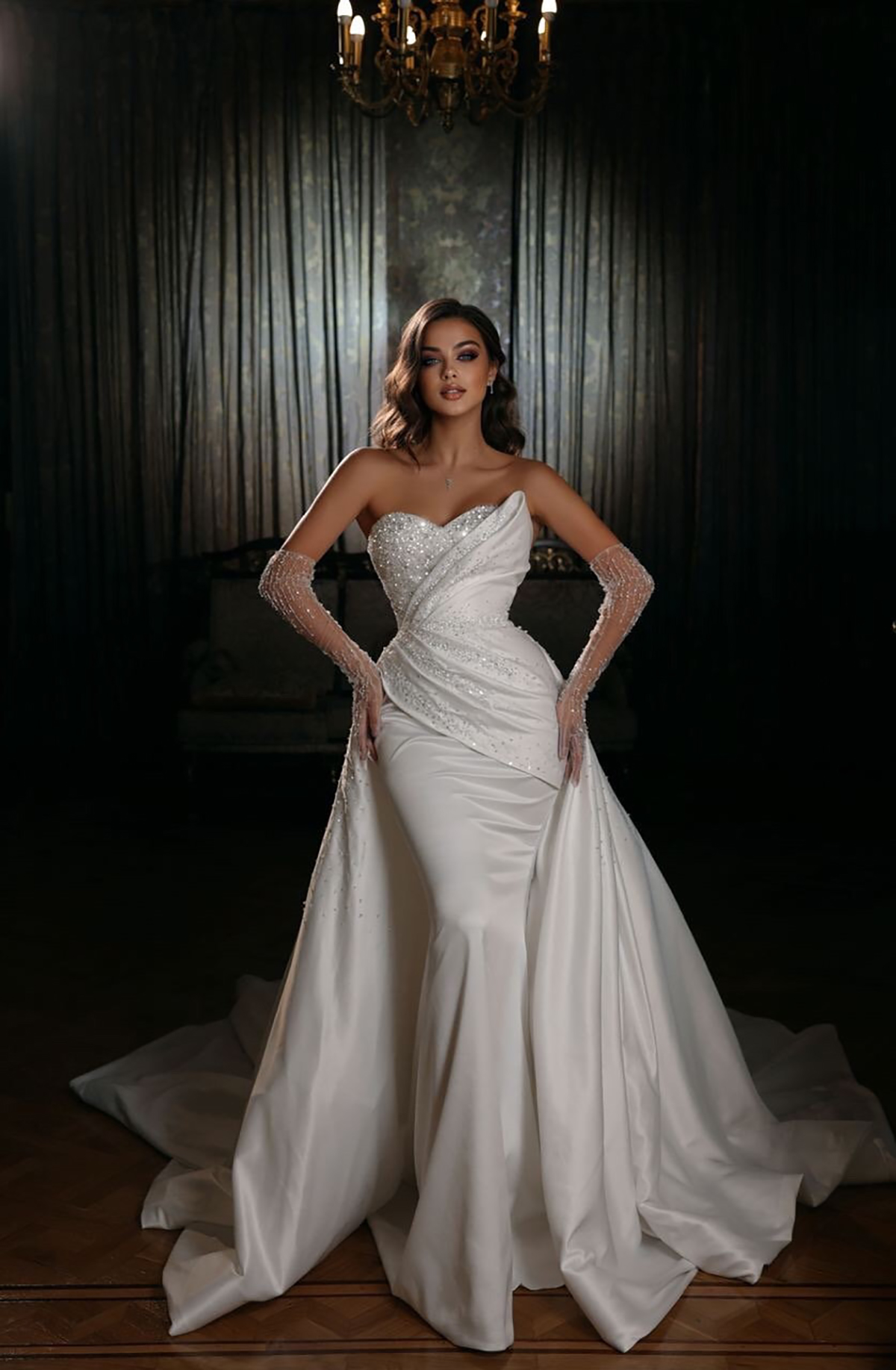 Elegant Mermaid Wedding Dresses Sweetheart Sleeveless Shining Cloth Stain Applicant Chapel Gown Removable Trailer Custom Made Plus Size Vestidos De No